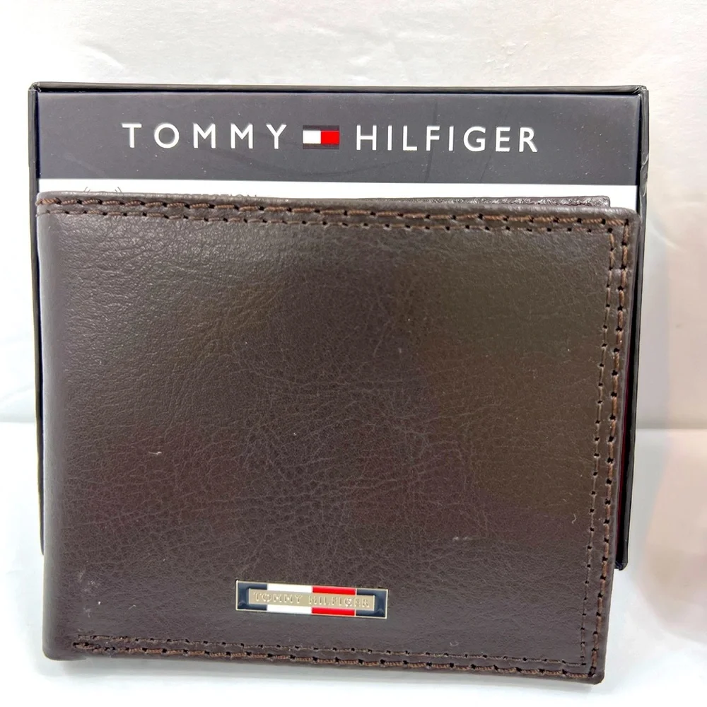 ⭐️TOMMY HILFIGER💯 MENS WALLET DOUBLE FOLD, DARK BROWN, GENUINE LEATHER